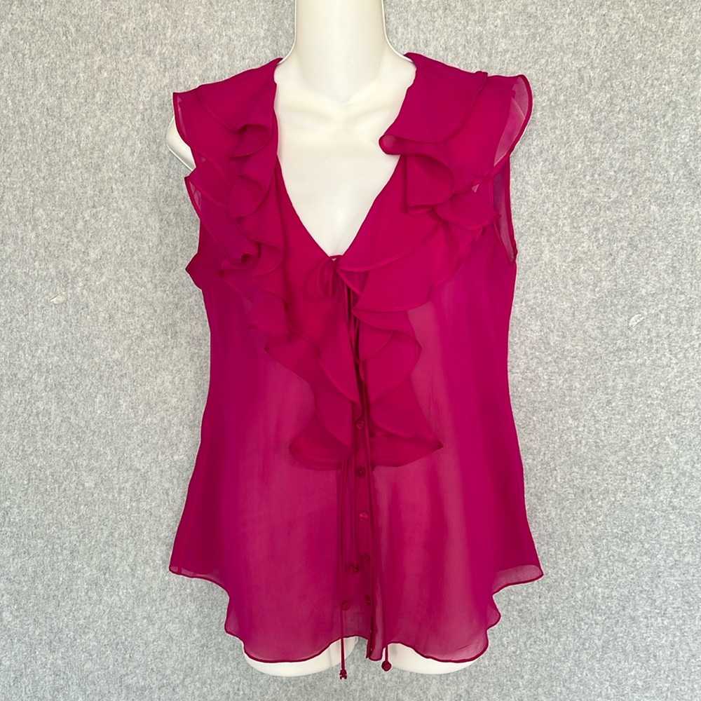 Yoana Baraschi Silk Tiered Ruffled V Neck Button Up Sleeveless Top Pink Sz Small